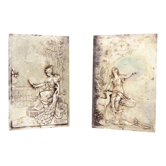 Renaissance Revival Style Silver Plated Metal Relief Plaques - A Pair For Sale