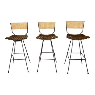 1960s Mid-Century Modern Arthur Umanoff Swivel Slatted Bar Stools - Set of 3 For Sale