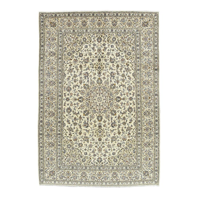 Kashan Rug 8'2'' X 11'7'' Ivory Wool Vintage Traditional Hand-Knotted Carpet For Sale
