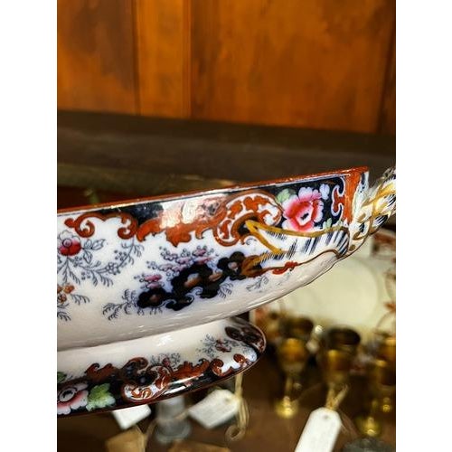 Ridgway Porcelain Ridgway Corey Hill Oblong Covered Tureen Cobalt Blue Orange Pagoda Imari England For Sale - Image 4 of 10