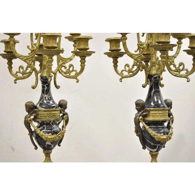 Vintage French Louis XV Style Brevettato Italy Brass & Marble Figural Clock Set For Sale - Image 9 of 16