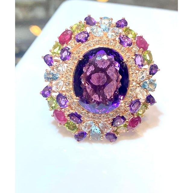 Bochic “Orient” Amethyst & Ruby & Multi Gem Cocktail Ring Set 18K & Silver, Size 7.5 For Sale - Image 9 of 12