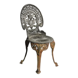 Antique French Victorian Cast Iron Rustic Silver Garden Chair