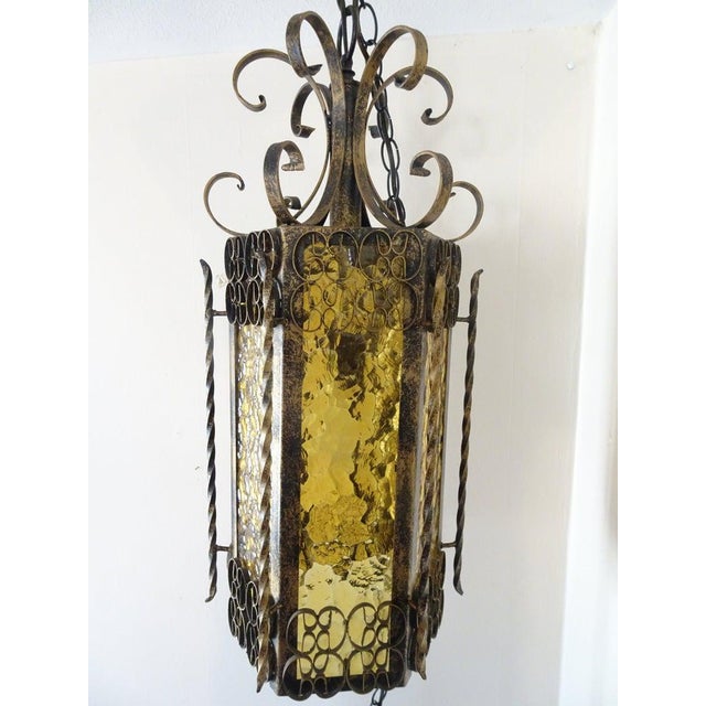 Vintage MidCentury Wrought Iron & Amber Stained Glass Swag Lamp Chairish