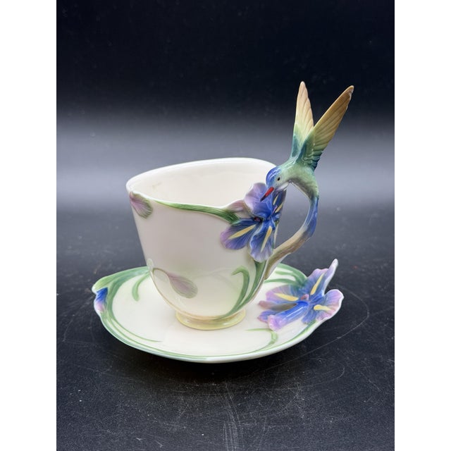 White Long Tail Hummingbird Tea Cup and Saucer from the Franz Porcelain, 2000s, Set of 2 For Sale - Image 8 of 11