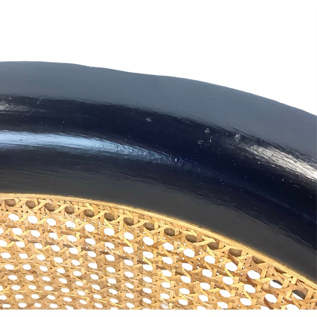 Wood Vintage Hollywood Regency Black Lacquer Swivel Chair With Cane Back For Sale - Image 7 of 18
