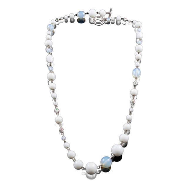 1950s Jewelry Bohemia Czech Opaline & Milk Glass With Cloisonné and Pearl Accent Beads. For Sale