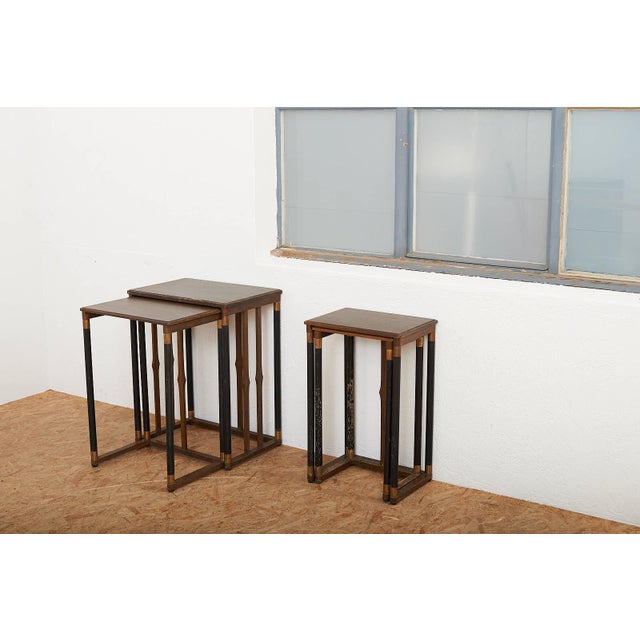 Vienna Secession Nesting Tables with Wooden Base, Brass Accents, and Oak Tops, Set of 4 For Sale - Image 13 of 14