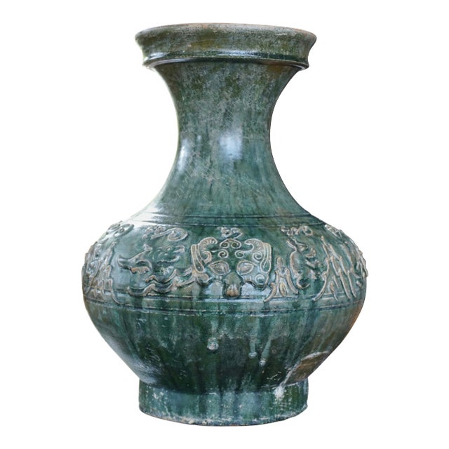 Large Han Dynasty Hu Green Glazed Mythical Beasts Vessel For Sale
