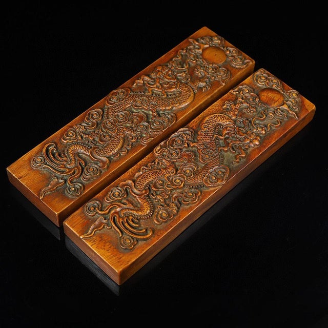 Carved Rosewood Double Dragon & Flaming Pearl Paperweights / Decorative Panels - A Pair For Sale - Image 9 of 9