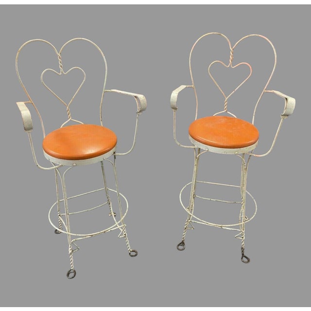 Pair of Vintage Ice Cream Soda Bar Barstool Chairs With Heart Shaped Backs For Sale - Image 11 of 11