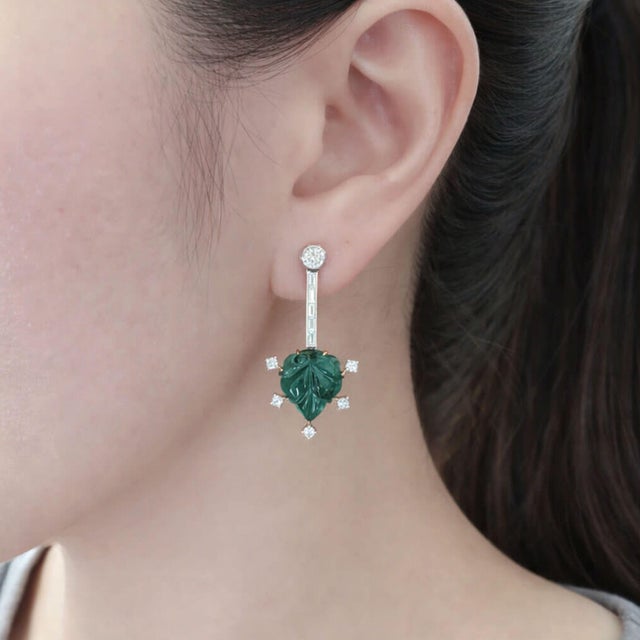 Carved Zambian Emerald Leaf and Diamond Platinum Drop Earrings - Fei Liu, Pair For Sale - Image 6 of 6