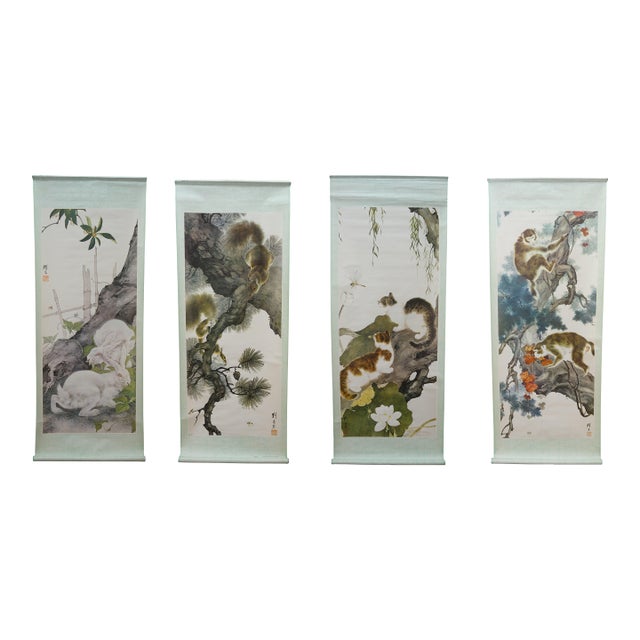 1970s Liu Kuiling Beasts Hanging Scrolls Cats Monkeys Rabbits Squirrels 38" - Set of 4 For Sale
