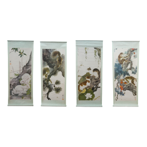 1970s Liu Kuiling Beasts Hanging Scrolls Cats Monkeys Rabbits Squirrels 38" - Set of 4