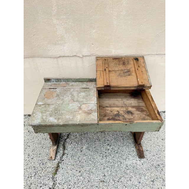 Antique French Primitive Rustic Green Distress Painted Flip Top Wood School Desk For Sale In Philadelphia - Image 6 of 17
