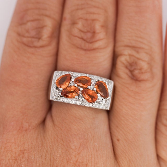 3.75 Carat Pear-Cut Orange Sapphire and Diamond Cluster 14k Gold Ring, Size 6.25 For Sale In Miami - Image 6 of 8