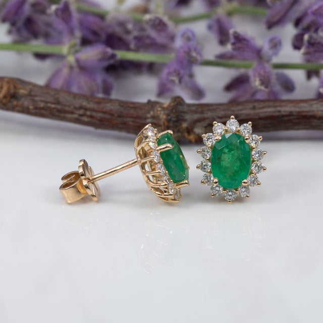 2020s 1.8Ct Zambian Emerald Earrings With Diamond Accents in Solid 14k Gold, 7x5mm, Pair For Sale - Image 5 of 7