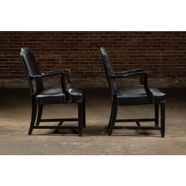 Spanish Pair of Black Leather Revival Armchairs With Nailhead Trim For Sale - Image 3 of 12