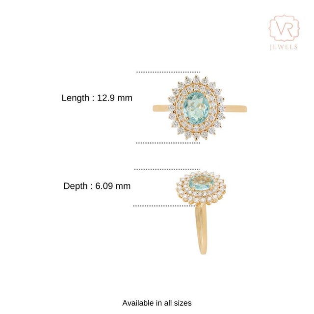 14k Yellow Gold 1.18 Ct Oval Paraiba Tourmaline & Diamond Double Halo Ring Size 8 For Sale - Image 12 of 18