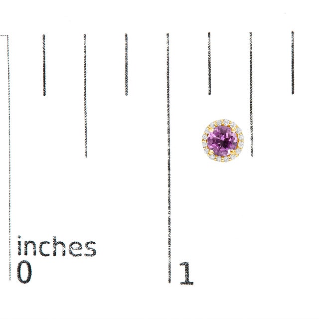 Early 21st Century 10K Yellow Gold Purple Amethyst and 1/6 Cttw Diamond Halo Stud Earring For Sale - Image 5 of 5