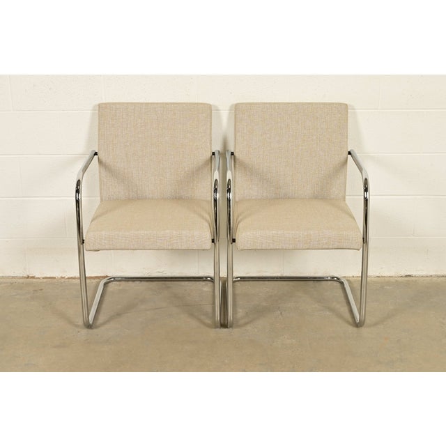 Mid-Century Modern Mies Van Der Rohe Brno Style Mid-Century Modern Chrome Tubular Cantilever Club Chairs, Pair For Sale - Image 3 of 13
