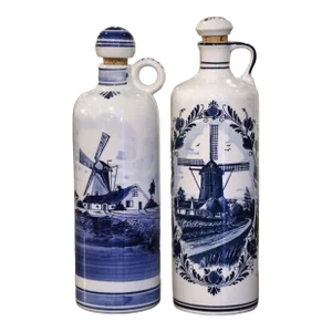 Pair of Midcentury Dutch Blue and White Painted Faience Delft Olive Oil Bottles