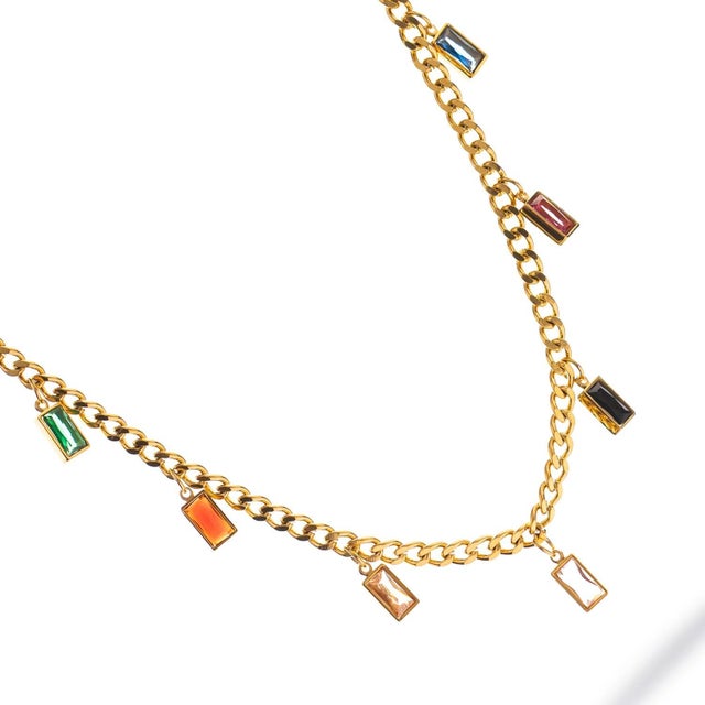 Multicolor Gemstone Gold Chain Choker Necklace For Sale In Miami - Image 6 of 10