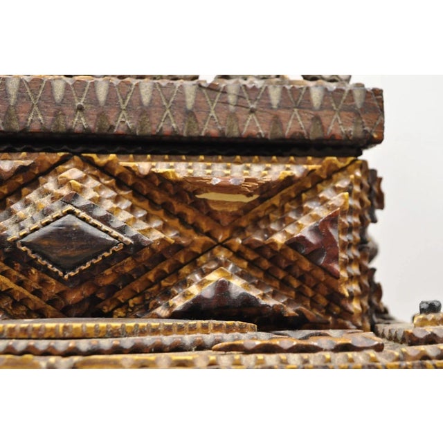 Antique Tramp Art Diamond 2 Tier Hinged Carved Wood Presentation Jewelry Box For Sale - Image 11 of 12