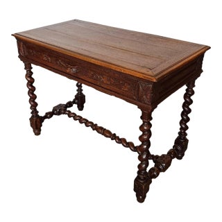 19th Century French Louis XIII Style Oak Writing Table With Barley-Twist Legs For Sale