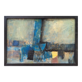 David Adickes "Abstract- Blue w/ One Gold Square" Modern Cubist Inspired Abstract Painting, 20th Century For Sale