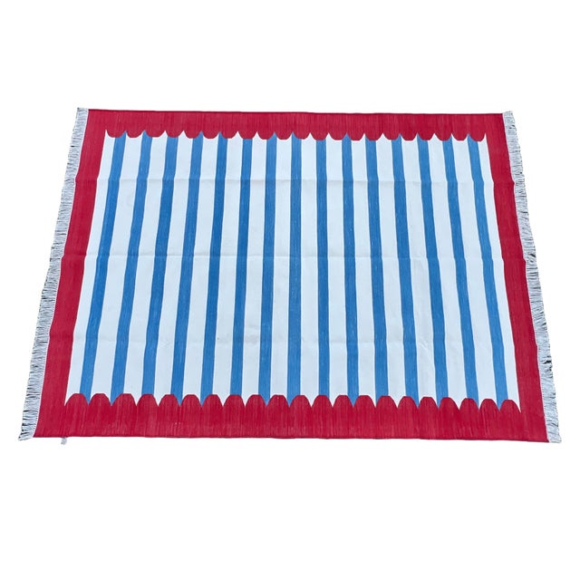 Mid-Century Modern Handmade Cotton Area Rug, Blue and White Striped Scalloped Rug With Red Border - 8'x10' For Sale - Image 3 of 14