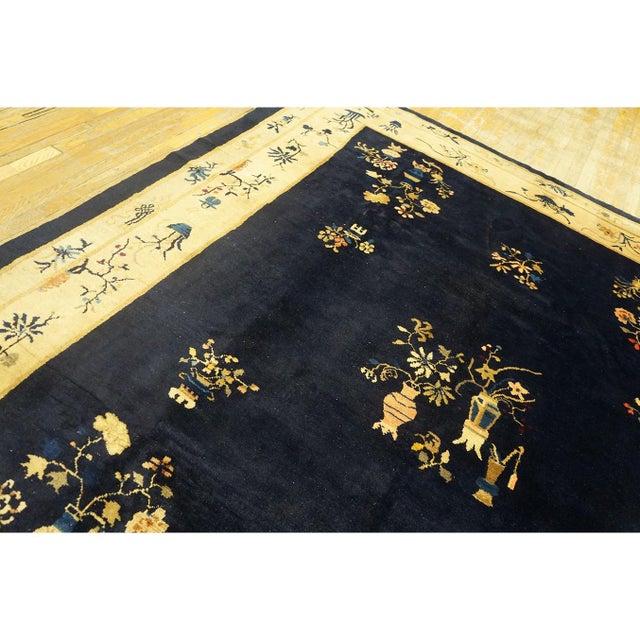1920s Navy Blue Vase Deco Modern Antique Chinese Art Handknotted Wool Carpet Rug For Sale - Image 4 of 9