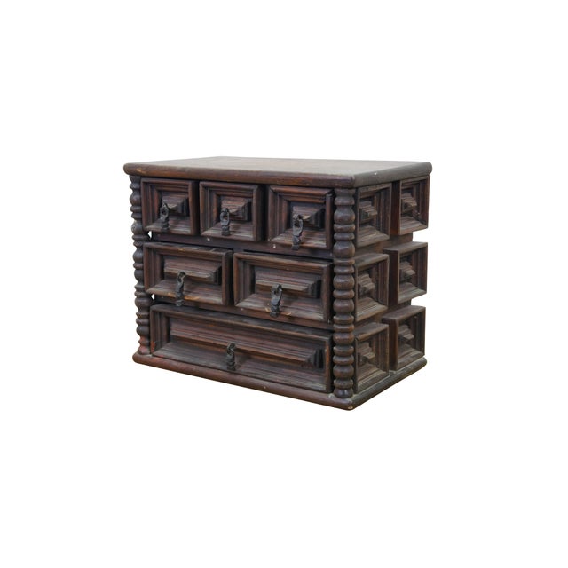 Vintage arts and crafts jewelry keepsake box or chest. Made of oak featuring a geometric and brutalist style with six...