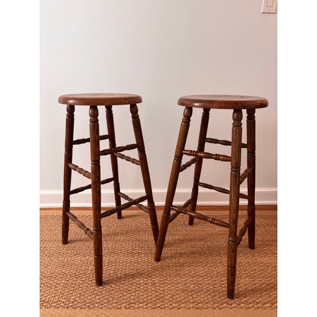 Mid 20th Century Mid Twentieth Century Solid Wood Oak Turned Leg Classic English Pub Style Bar Stools 30” Barstools, a Pair For Sale - Image 5 of 11