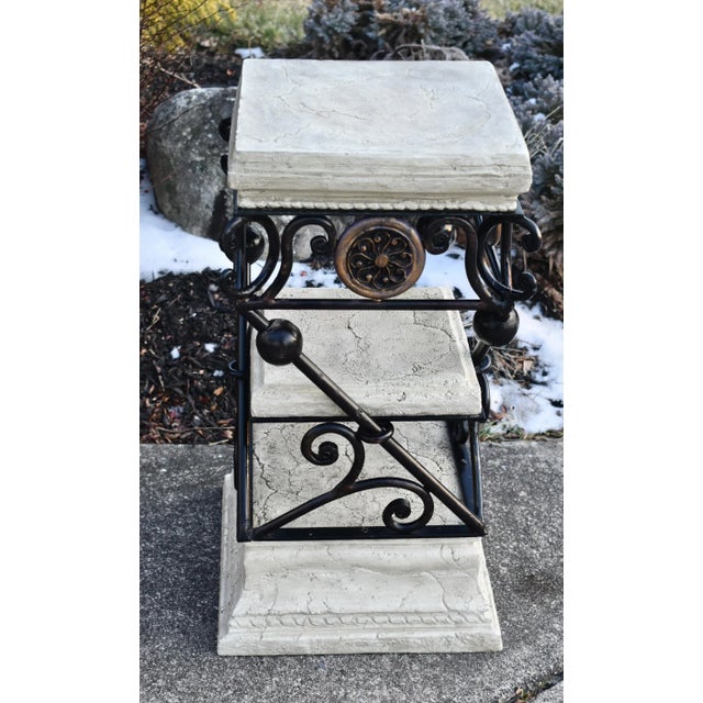 Vintage (1990's) Three Tier Stand has a Neo-Classic Style. Metal & Composition/Faux Stone. In a Decorative Stone Color....