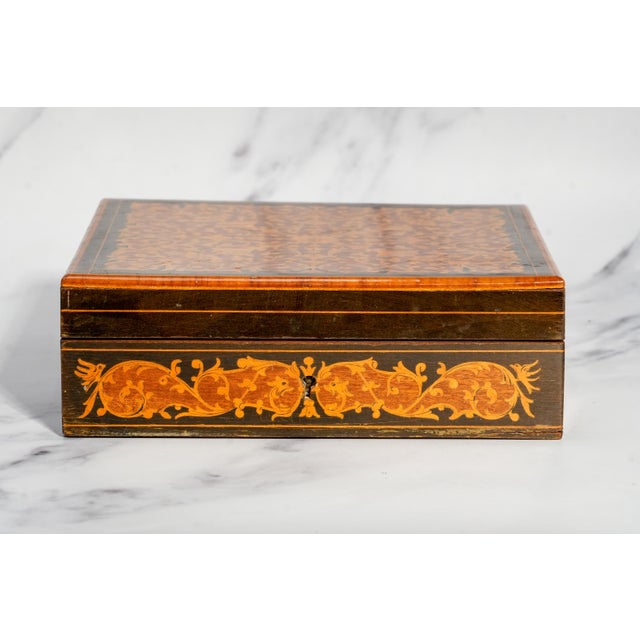 Wood Intricate Patterned Large Antique Victorian Grand Tour Sorrento Ware Inlaid Wood Trinket Jewelry Box For Sale - Image 7 of 15