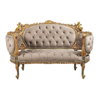 Vintage French Grey Velvet Settee For Sale