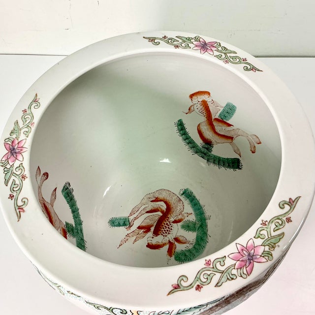 Vintage Chinoiserie Boho Chic Hollywood Regency Pink Famille Rose Koi Fish Bowl Planter. For Sale - Image 12 of 13