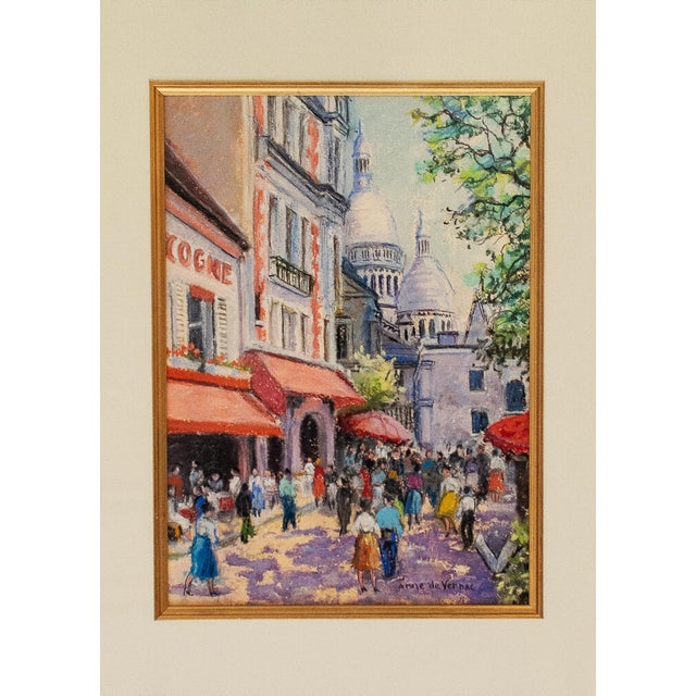Original pastel on paper depicting a Paris street scene with figures, buildings, and the domes of Sacré-Cœur in the...