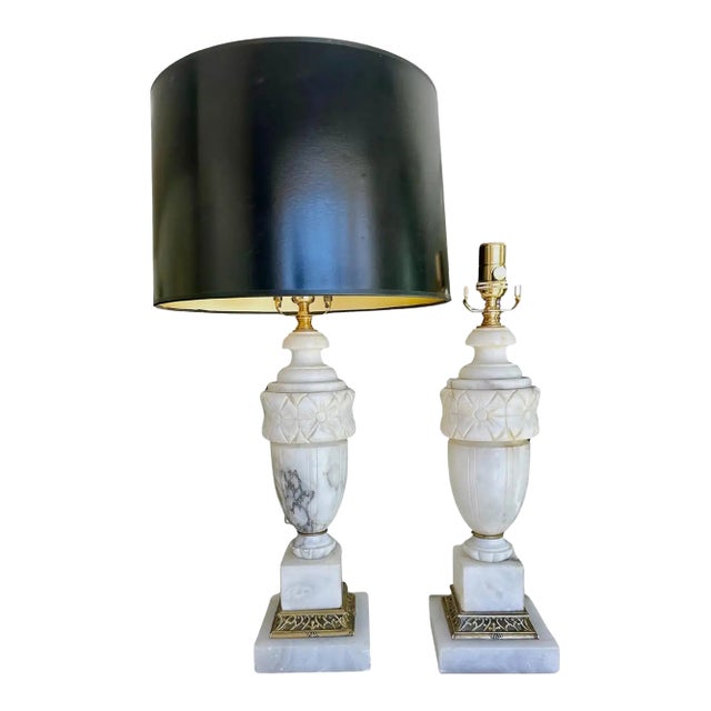 Pair of Italian Neoclassic Alabaster Table Lamps, Hand-Carved, 1950s For Sale
