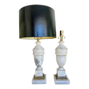 Pair of Italian Neoclassic Alabaster Table Lamps, Hand-Carved, 1950s