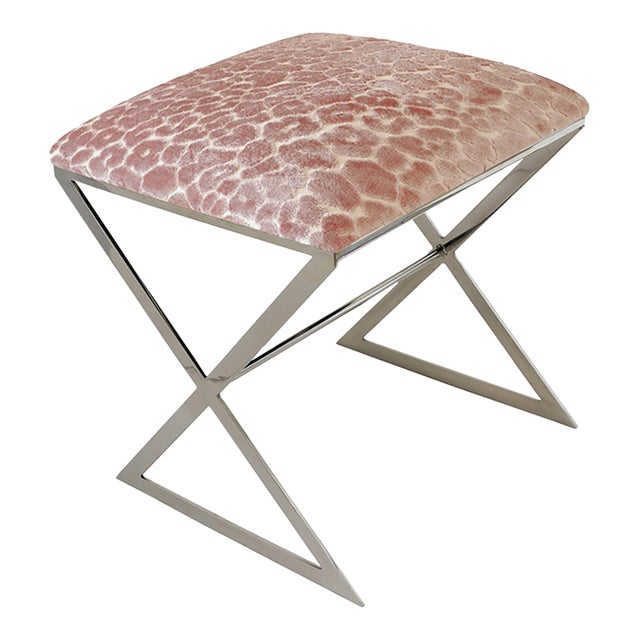 Matthew Izzo Home X Side Stool in Polished Nickel and Pink Leopard Fabric For Sale