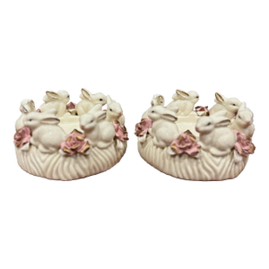 Vintage Porcelain Capodimonte Style Bunny Rabbits Pillar Candle Holders, a Pair