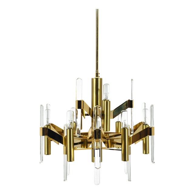 Gaetano Sciolari Modernist Brass Chandelier with Crystal Blades For Sale