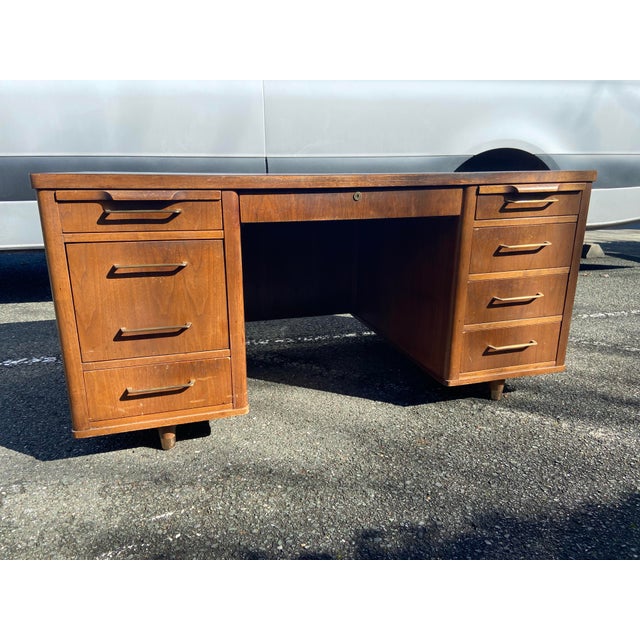 Jofco Vintage Mid Century Modern Wooden Walnut Tanker Executive Desk For Sale - Image 11 of 12