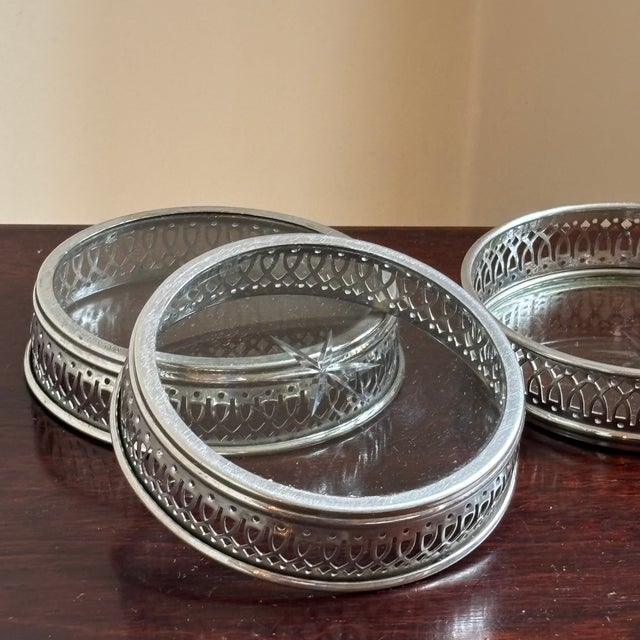 Silver Mid-Century Silver-Plated Gallery Rim Glass Coasters – Set of Five For Sale - Image 8 of 10