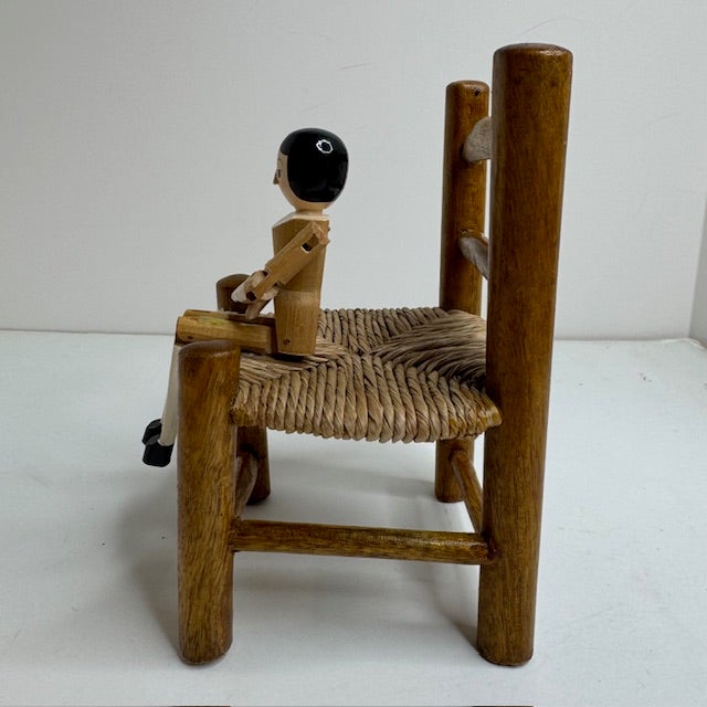 1950s Vintage Eric Horne Co. Wooden Peg Doll in a Rush-Seat Chair, Made in Usa For Sale - Image 5 of 15