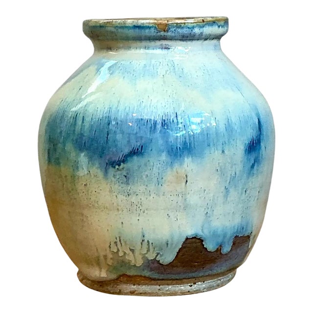 Vintage Blue and White Pottery Vase For Sale