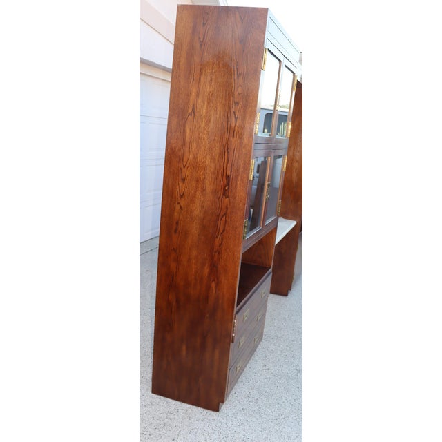 1970s Campaign Vintage Henredon Oak Wall Unit With Marble Counter and Mirrored Cabinets For Sale In Tampa - Image 6 of 17