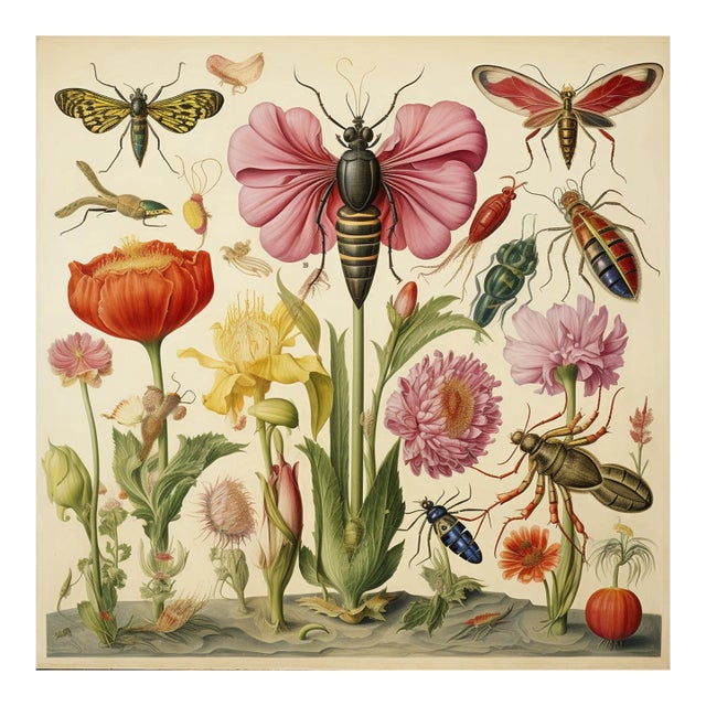 20' X 20' - 'Insects and Flowers' Original Botanical Print, 'Hortus Floridus' Style, Unframed For Sale
